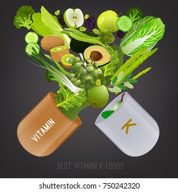 Foods containing vitamin K in the open pill. Source of vitamin K - greens, fruits, vegetables, salads, oil on grey background. Medical, healthcare and dietary creative concept. Vector illustration.