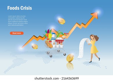 Foods crisis, high cost of living. Woman hold grocery bill with expensive price. Rising foods cost impact to people cost of living in global economy.
