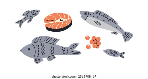 Foods for diet and healthy eating. Fishes , Salmon stake and red caviar . Isolated on a white background. Flat hand drawn illustration for web , social media or banner design .