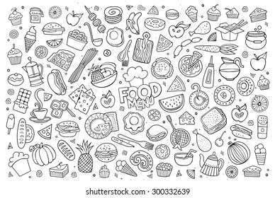 Foods doodles hand drawn sketchy vector symbols and objects