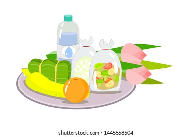 foods fruit water and lotus flower for give alms buddhist monk vector