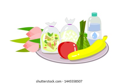 foods fruit water and lotus flower for give alms buddhist monk vector