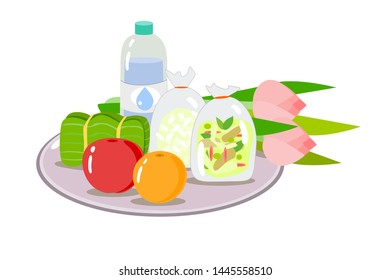 foods fruit water and lotus flower for give alms buddhist monk vector