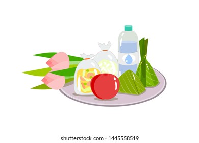 foods fruit water and lotus flower for give alms buddhist monk vector