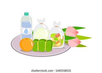 foods fruit water and lotus flower for give alms buddhist monk vector