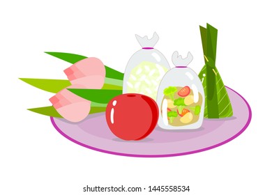 foods fruit water and lotus flower for give alms buddhist monk vector