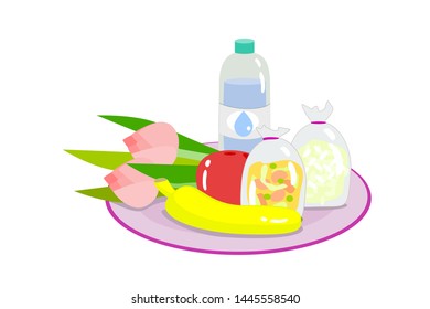foods fruit water and lotus flower for give alms buddhist monk vector