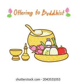 foods fruit water and lotus flower for give alms buddhist monk vector.