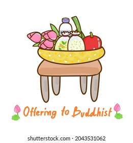 foods fruit water and lotus flower for give alms buddhist monk vector.