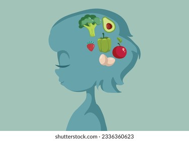 
Foods Good for Brain Development Vector Concept Illustration. Child eating healthy organic vegetables and fruits to grow up
