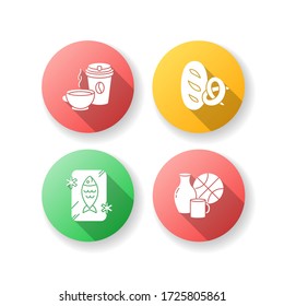 Foods and goods flat design long shadow glyph icons set. Coffee in disposable cup. Black tea in mug. Bread loaf, baked pretzel. Miscellaneous items. Silhouette RGB color illustration