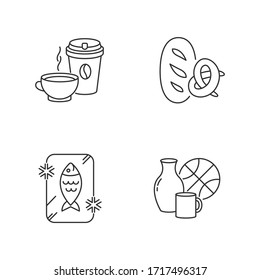 Foods and goods pixel perfect linear icons set. Coffee in disposable cup. Black tea in mug. Bread loaf. Customizable thin line contour symbols. Isolated vector outline illustrations. Editable stroke