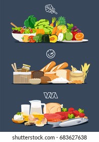 Foods With Health Benefits. Simple Illustrations For Nutrition. The Introduction Of A Balanced Diet. Each Type Of Food That The Body Should Be In A Day.