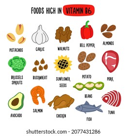 Foods High in vitamin B6. Vector illustration with healthy foods rich in vitamin B6. Organic Food Collection