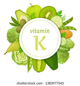 Foods high in vitamin K. Vector illustration. Infographics on the theme of healthy eating and lifestyle. Information metstsinsky collage. Vegetables and fruits rich in vitamin K.