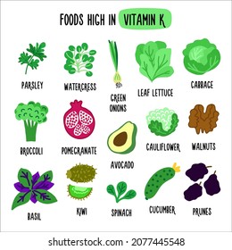 Foods High in vitamin K. Vector illustration with healthy foods rich in vitamin K. Organic Food Collection