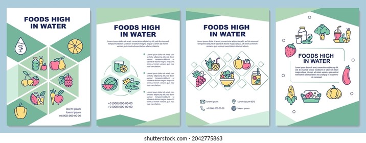 Foods high in water brochure template. Vegetables and fruits. Flyer, booklet, leaflet print, cover design with linear icons. Vector layouts for presentation, annual reports, advertisement pages