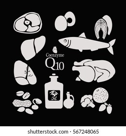 Foods with the highest content of Coenzyme q10: fish, beef and pork meat, nuts, oils.
Â  Heart health and health of the cardiovascular system. Basics of healthy nutrition. 
Black background