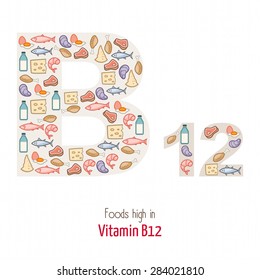 Foods highest in vitamin B12 composing B12 letter shape, nutrition and healthy eating concept