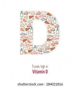 Foods highest in vitamin D composing D letter shape, nutrition and healthy eating concept