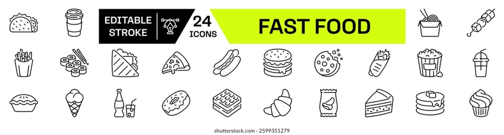 Foods icon set. Linear style. Editable stroke.