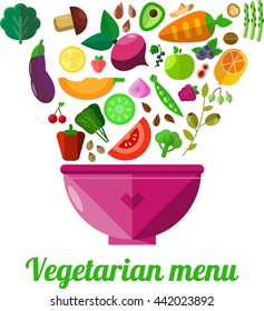 Foods Illustrator set. Bright vegetable and fruit in flat style. Vegetarian menu