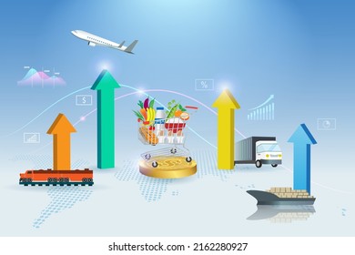 Foods Inflation, Cost Of Transportation In Grocery Price. CPI Consumer Price Index . Shopping Cart Trolley With Growth Graph Logistic Cost On Supply Chain, Rising  Foods Cost And High Grocery Price.