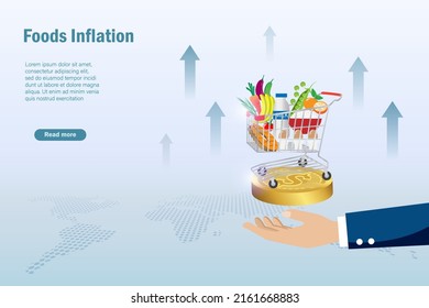 Inflación alimentaria, índice de precios al consumo del IPC, concepto de escala de indicadores económicos. Empresario sostiene carrito de carritos de compras con indicador del costo de vida en el gráfico en aumento. Aumento del costo de los alimentos y del precio de los alimentos