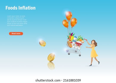 Foods Inflation, CPI Consumer Price Index, Economic Indicator Concept. Woman Pull Back Flying Shopping Cart Trolley With Dollar Balloon. Rising Cost Of Living, Foods Cost And Grocery High Price.