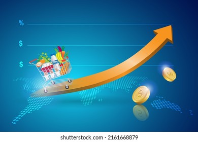 Foods Inflation And Crisis, Cost Of Living, CPI Consumer Price Index, Economic Indicator Scale. Shopping Cart Trolley On High Graph Indicator. Rising Foods Cost And Grocery Price