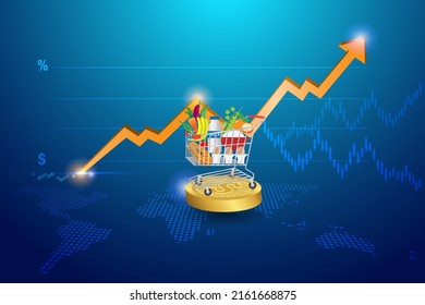 Foods inflation and crisis, CPI consumer price index, economic indicator scale concept. Shopping cart trolley on gold coins with rising graph cost of living indicator.