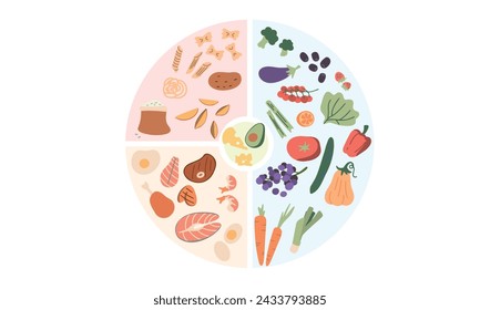 Foods infographics. Healthy eating plate. Infographic chart with proper nutrition proportions. Food balance tips.