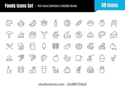 Foods line Icons Collection Set Of 60. Regular Icons Pack. Vector illustration eps 10