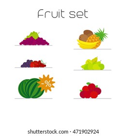 Foods market fruits flat icons set. Vector illustration