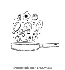 Foods mixing in frying pan vector draw in doodle style suitable for cooking illustration 