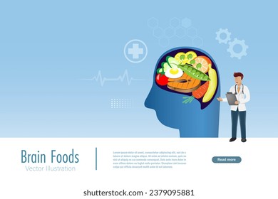 Foods nutrition for brain. Doctor recommends human head with healthy food and vegetables in brain for good memories. Vector.