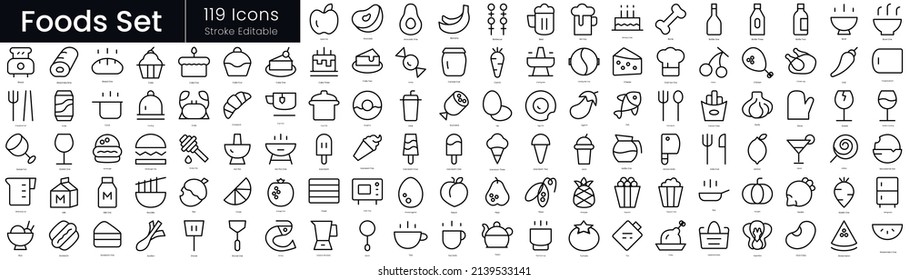 Foods outline icon set. Editable stroke thin line icons Collection