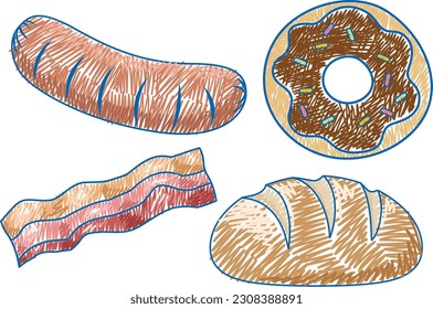 Foods in Pencil Colour Sketch Simple Style illustration