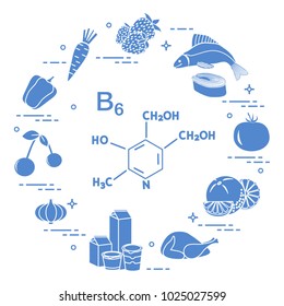 Foods rich in vitamin B6. Carrot, strawberry, fish, tomato, orange, chicken, milk, dairy products, yogurt, garlic, cherries, peppers.