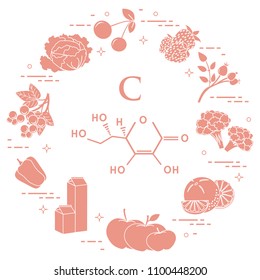 Foods rich in vitamin C. Cherry, strawberry, dog rose, cauliflower, orange, apples, milk, dairy products, sweet pepper, black currant, cabbage.