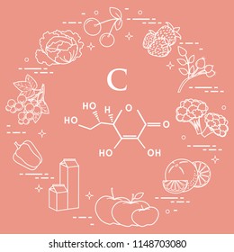 Foods rich in vitamin C. Cherry, strawberry, dog rose, cauliflower, orange, apples, milk, dairy products, sweet pepper, black currant, cabbage.
