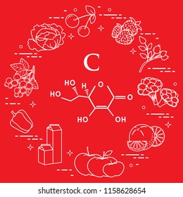Foods rich in vitamin C. Cherry, strawberry, dog rose, cauliflower, orange, apples, milk, dairy products, sweet pepper, black currant, cabbage.