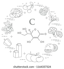 Foods rich in vitamin C. Cherry, strawberry, dog rose, cauliflower, orange, apples, milk, dairy products, sweet pepper, black currant, cabbage.