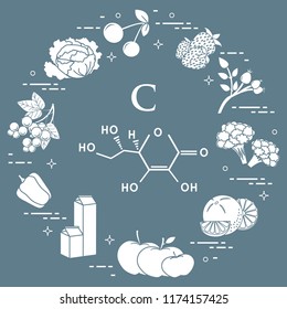 Foods rich in vitamin C. Cherry, strawberry, dog rose, cauliflower, orange, apples, milk, dairy products, sweet pepper, black currant, cabbage.