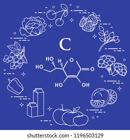Foods rich in vitamin C. Cherry, strawberry, dog rose, cauliflower, orange, apples, milk, dairy products, sweet pepper, black currant, cabbage.