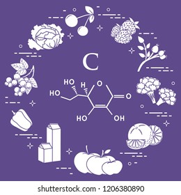 Foods rich in vitamin C. Cherry, strawberry, dog rose, cauliflower, orange, apples, milk, dairy products, sweet pepper, black currant, cabbage.