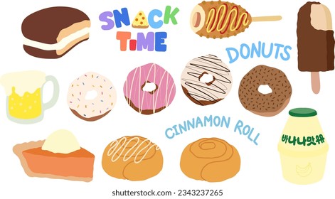 Foods, snacks and desserts such as chocolate pie, corn dog with sausage, ice cream stick, beer, donuts, banana milk, carrot pie with cream, cinnamon rolls for cafe, menu, recipe, bakery, pastry, logo