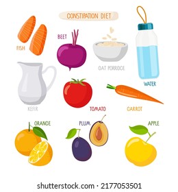 Foods That Help Relieve Constipation. Healthy nutrition Rules. Fruits, vegetables, drinks. Vector illustration isolated on white background for educational use. Natural Foods To Relieve Constipation