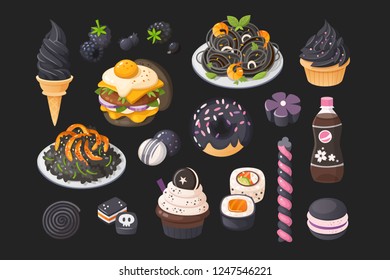 Foods that you can meet in black color. Vector illustrations of classic dishes.