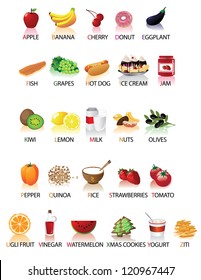 Foods A through Z. EPS 8 vector, no open shapes or paths.